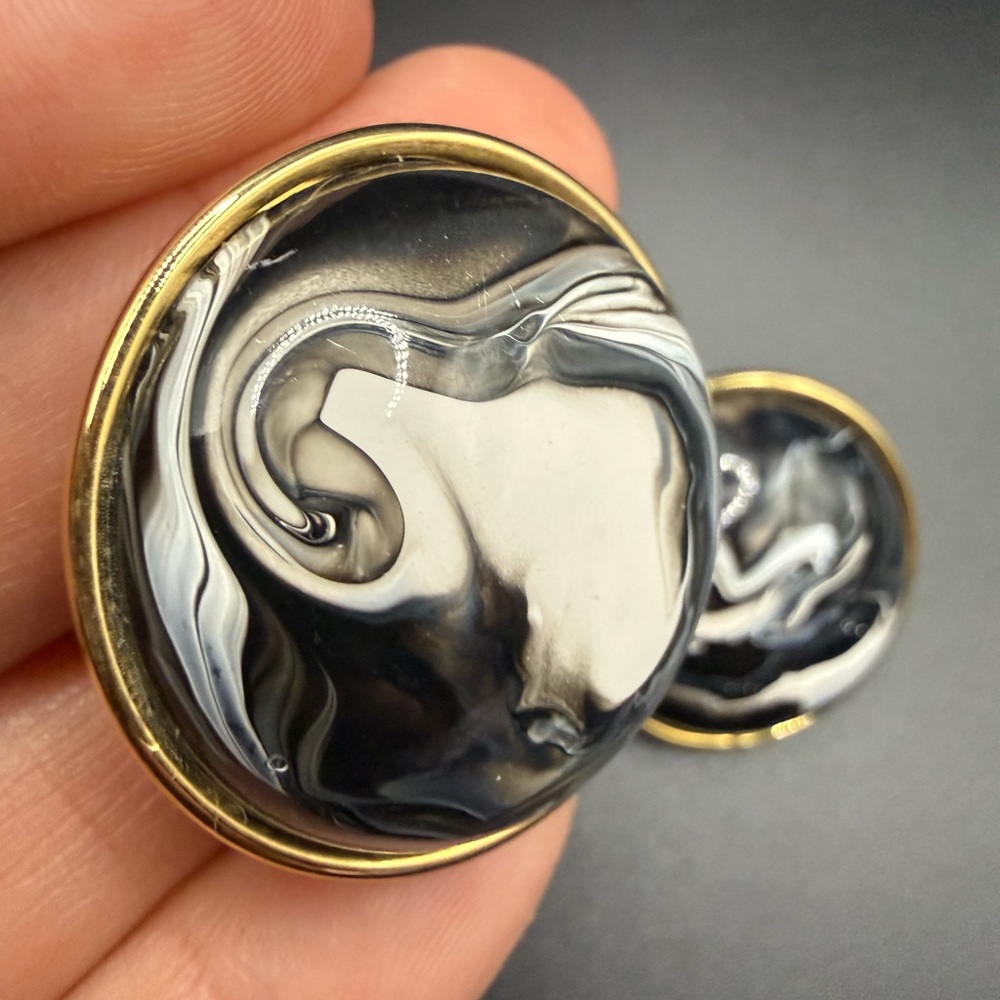 Vintage Large Black Clip On Earrings Marbled Lucite Gold-tone Retro